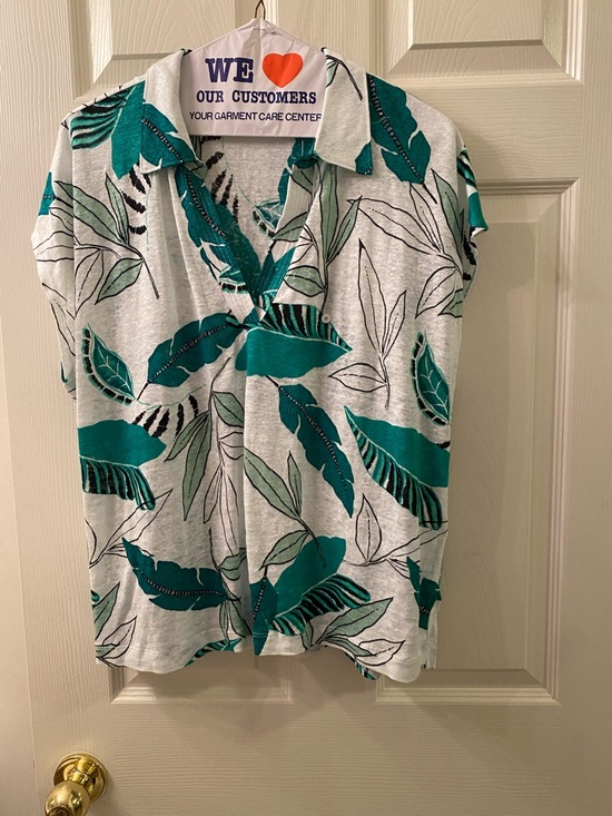 Tahari Tops - Tahari Women's Linen Teal Leaf Print Short Sleeve Top